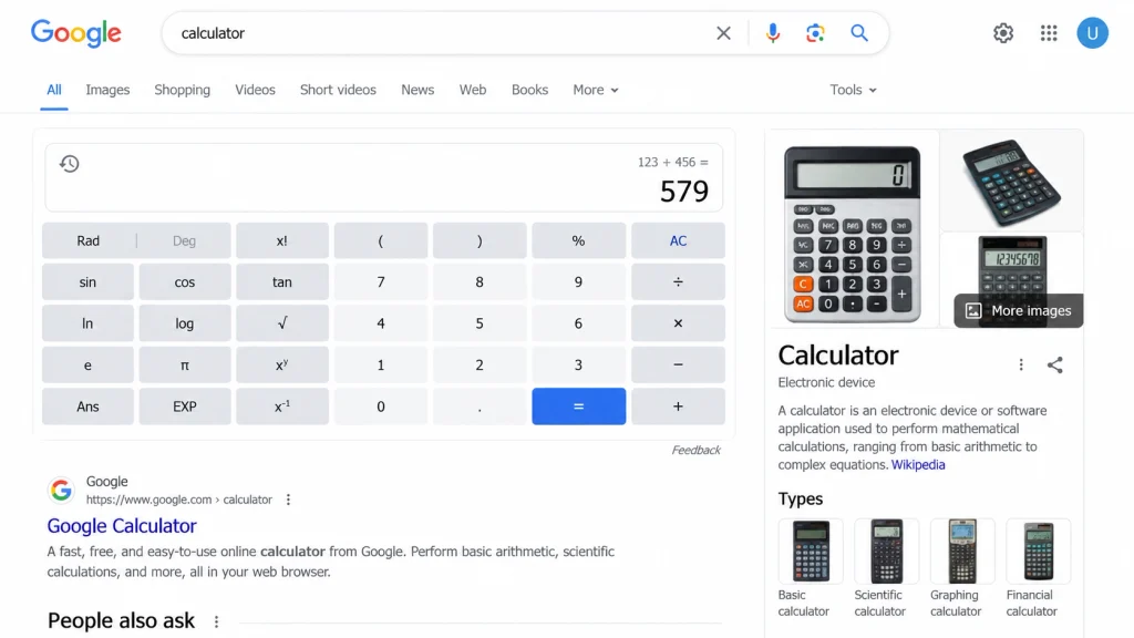 Google Calculator Search Results