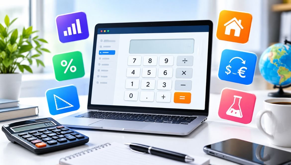 Modern Calculator Workspace with Floating Icons