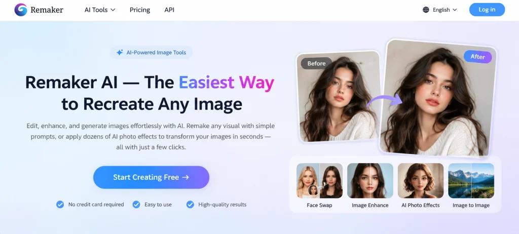 Remaker AI Image Creation Landing Page
