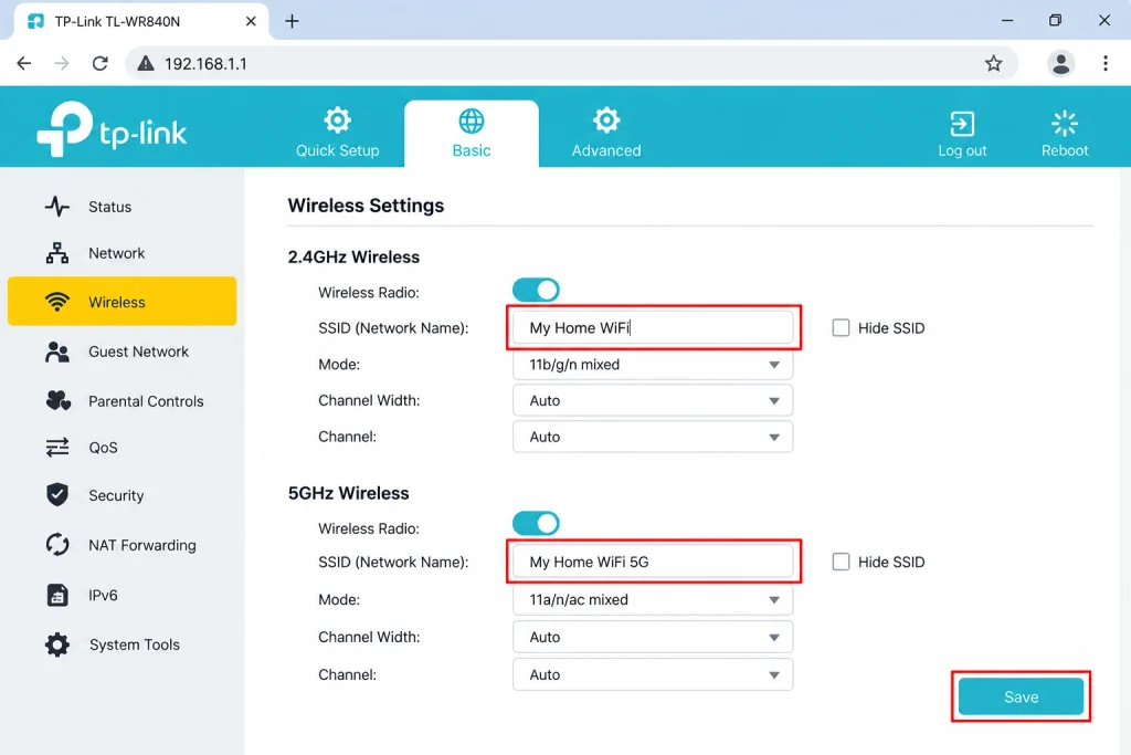 TP-Link Wireless Settings Dashboard