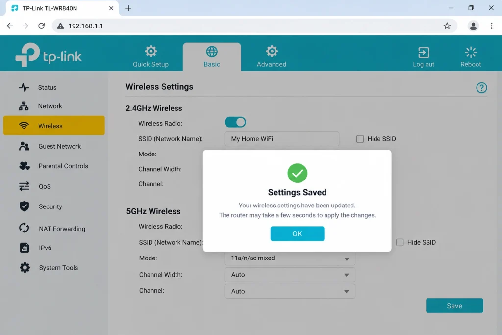 TP-Link Wi‑Fi Settings Saved Dialog