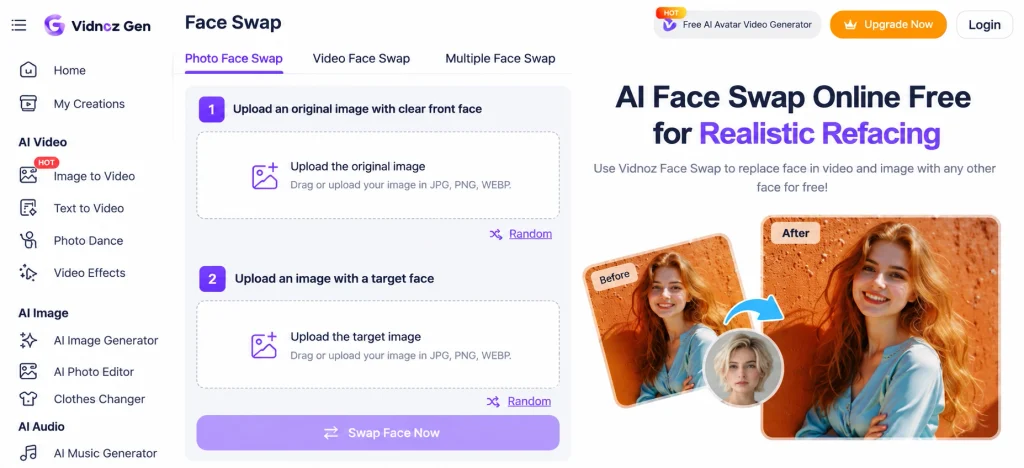 Vidnoz Gen AI Face Swap Dashboard
