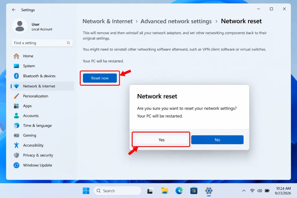 Windows 11 Network Reset Confirmation