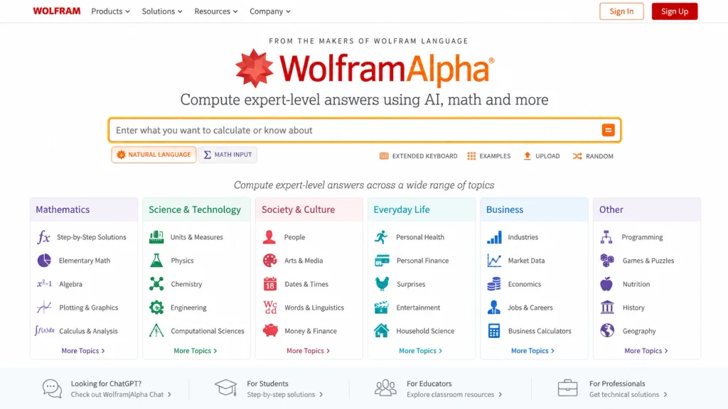 WolframAlpha Expert Answers Homepage