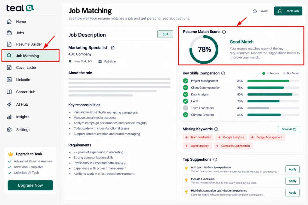 Job Matching Dashboard Interface