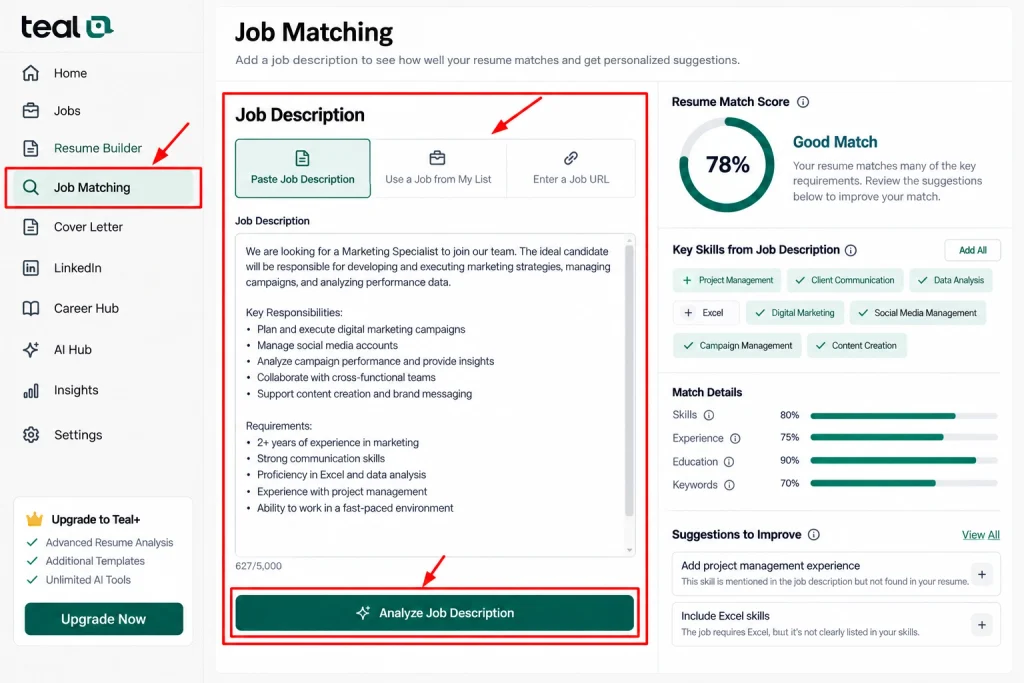 Teal Job Matching Dashboard UI