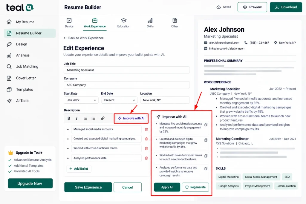 Teal Resume Builder AI Editing Interface