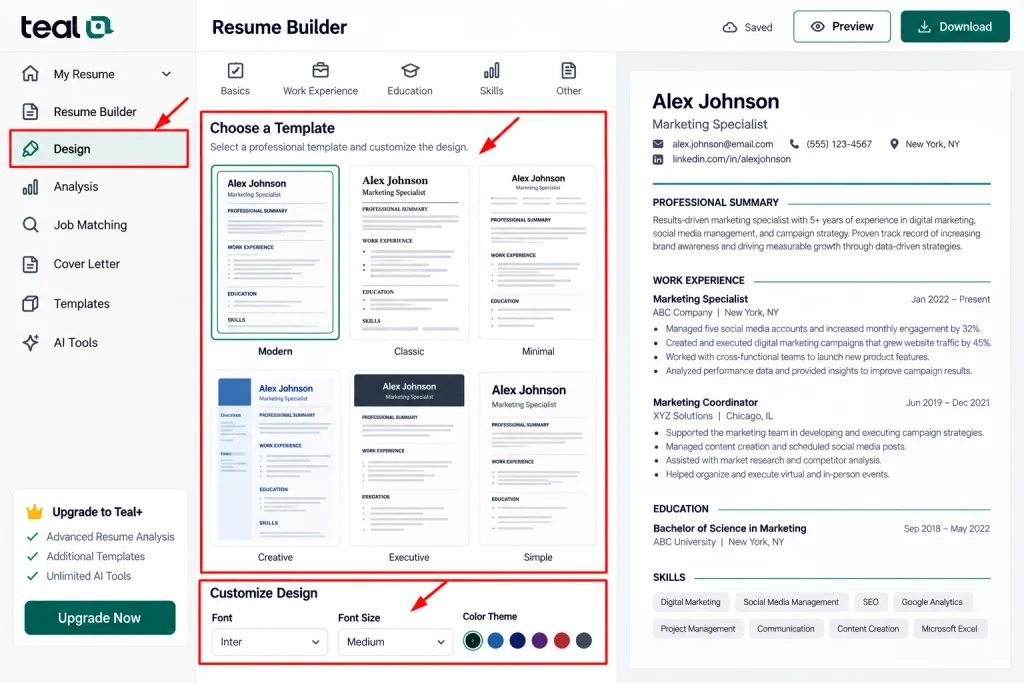 Teal Resume Builder Design Dashboard