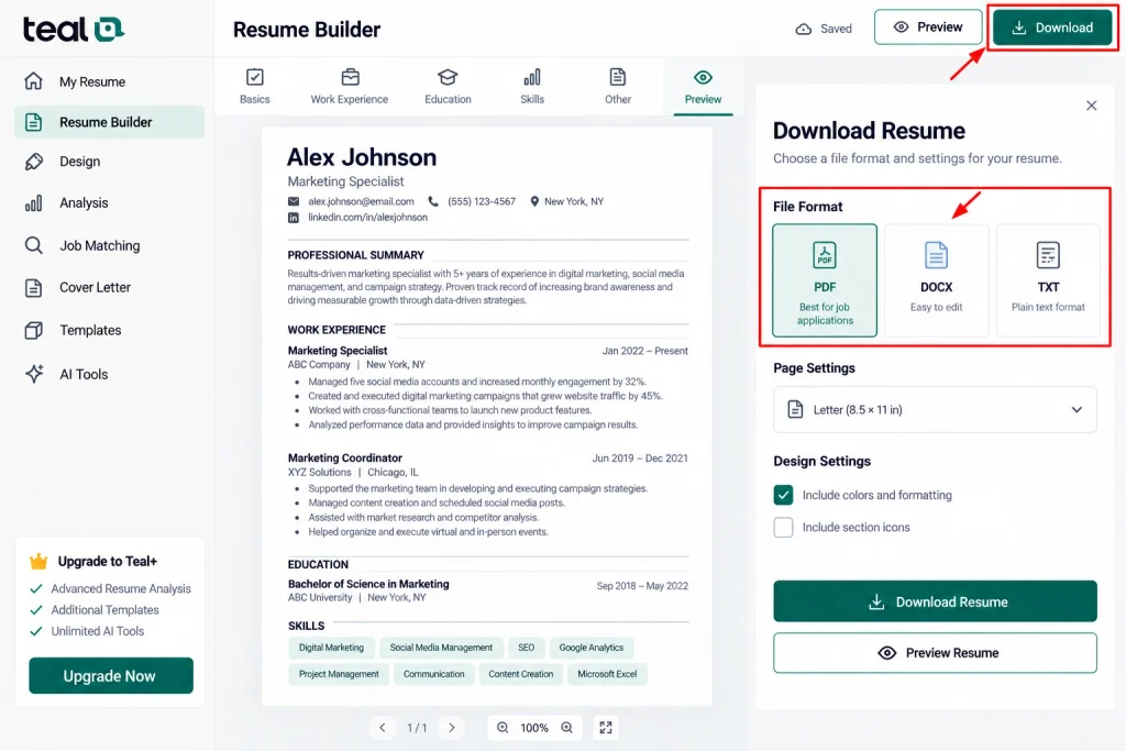 Teal Resume Builder Download Panel