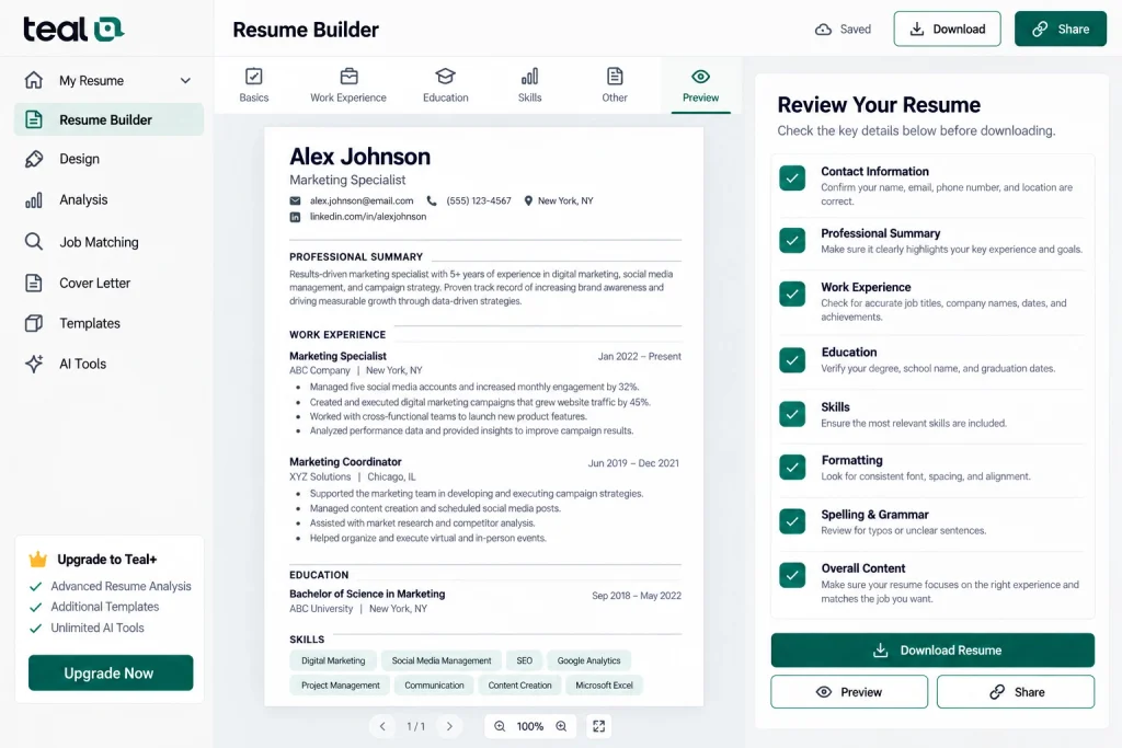 Teal Resume Builder Interface