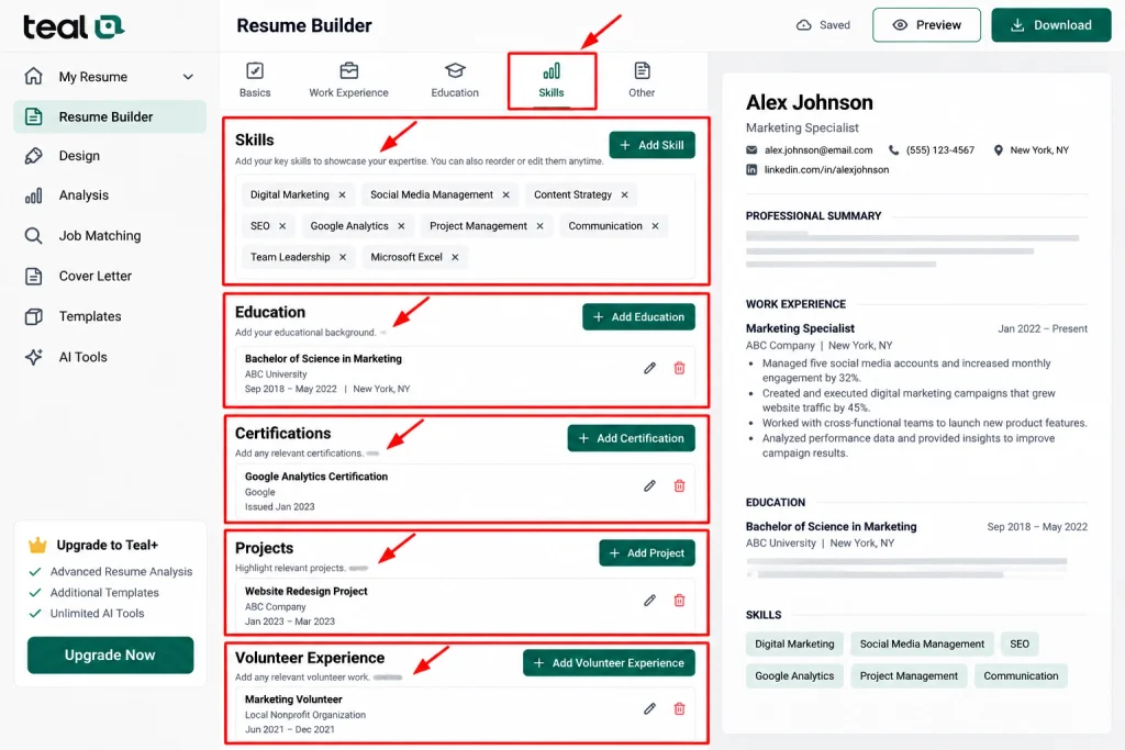 Teal Resume Builder Skills Tutorial