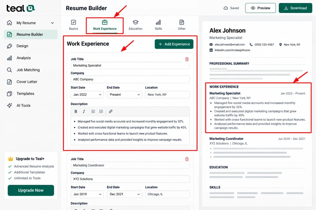 Teal Resume Builder Work Experience Editor
