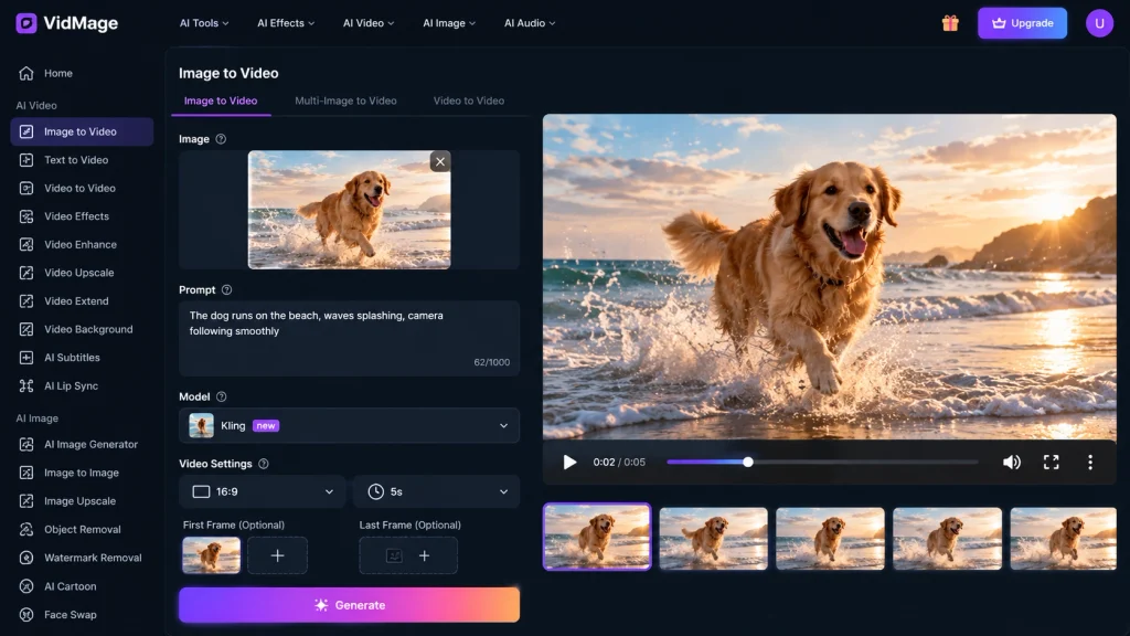 VidMage Image to Video Dashboard